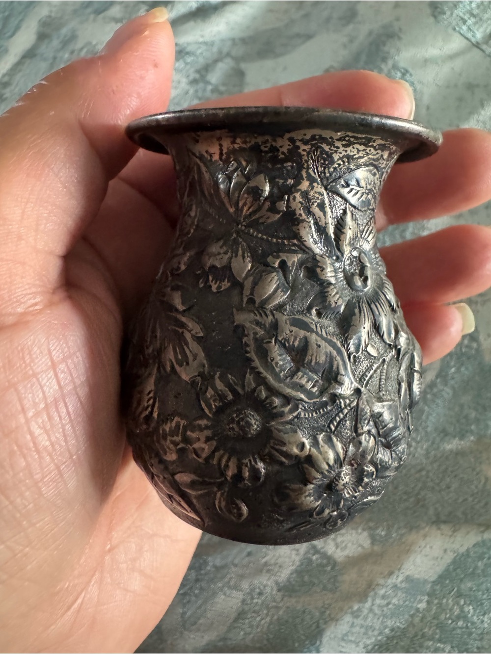 Antique 1900s Sterling silver miniature engraved floral vase toothpick holder